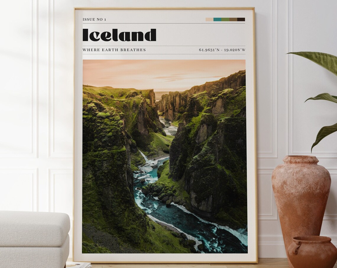 Iceland Canyon Retro Travel Poster Magazine Style Nordic Photo