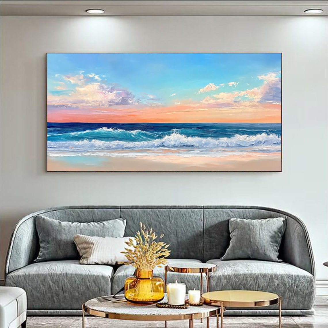 Pink Sunset Beach Waves Rolling Ocean Panoramic Seascape Art Poster - Image 6