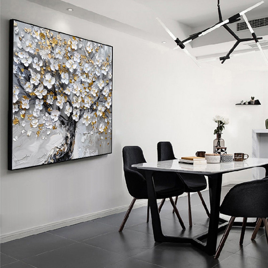 Tall White Cherry Blossom Tree With Golden Leaves Square Poster - Image 5