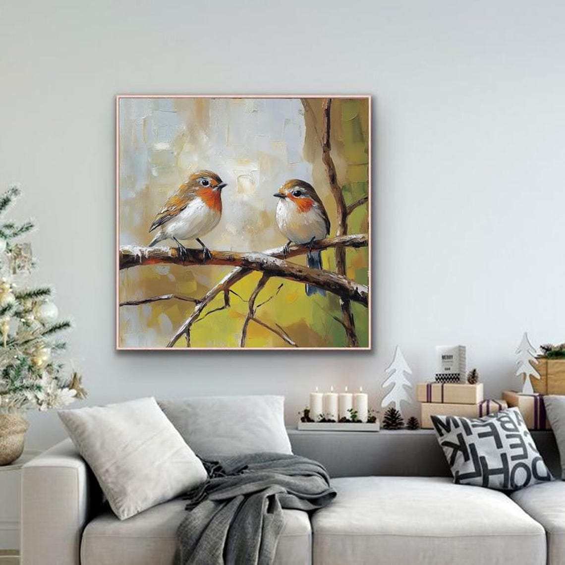 Two Sweet Robins With Orange Breasts Perched on Branches Square Poster - Image 5