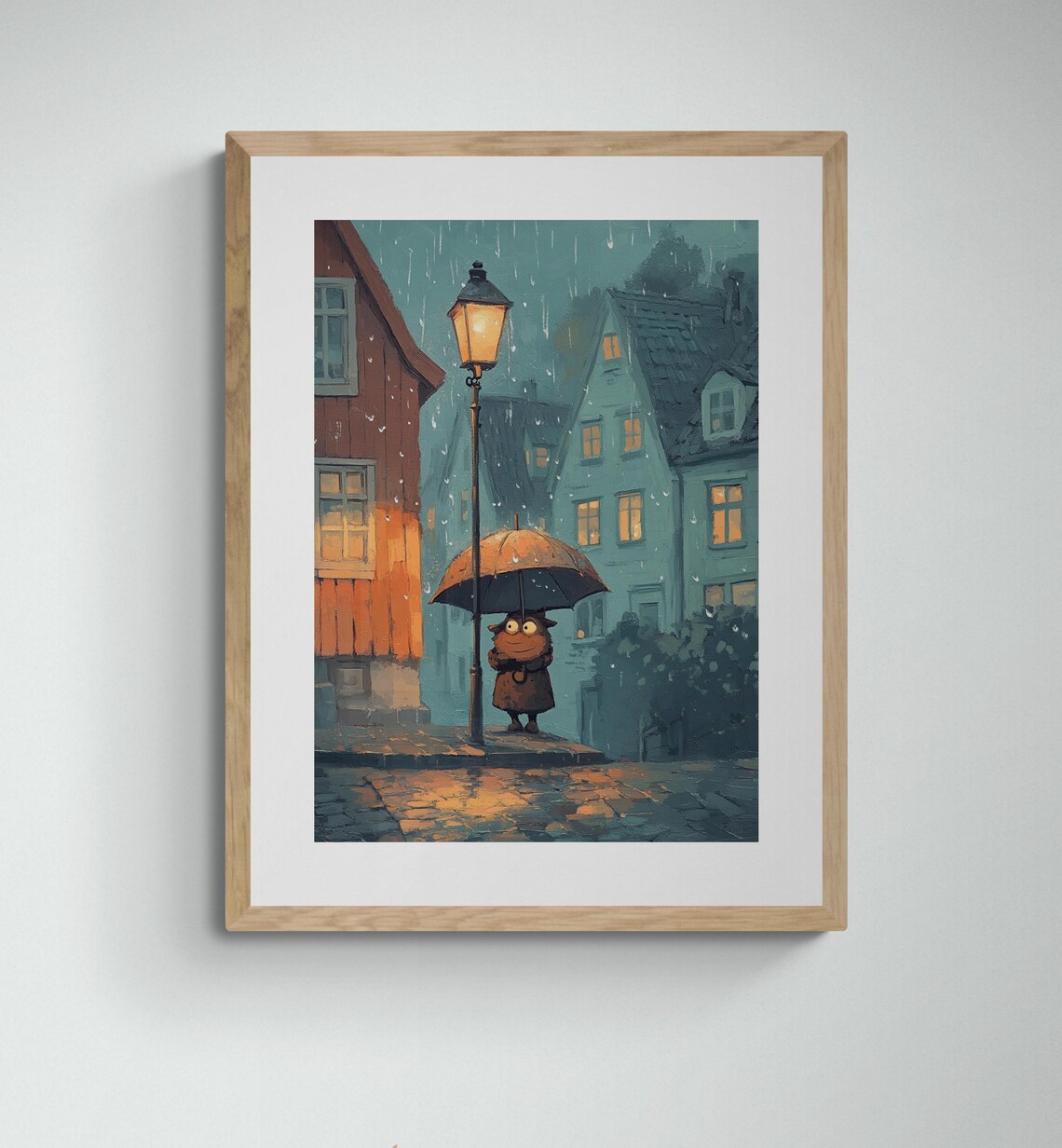 Little Troll With Umbrella Under Lamppost Rainy Bergen Night Wall Art