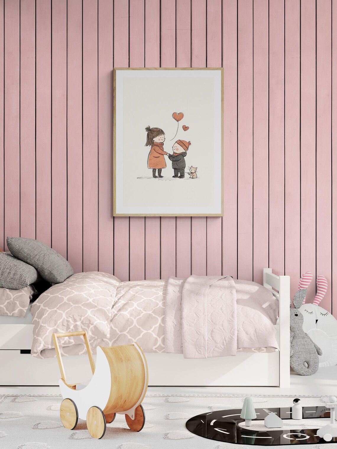 Sweet Siblings Holding Hands Heart Balloons Kitten Cute Nursery Art Print - Image 3