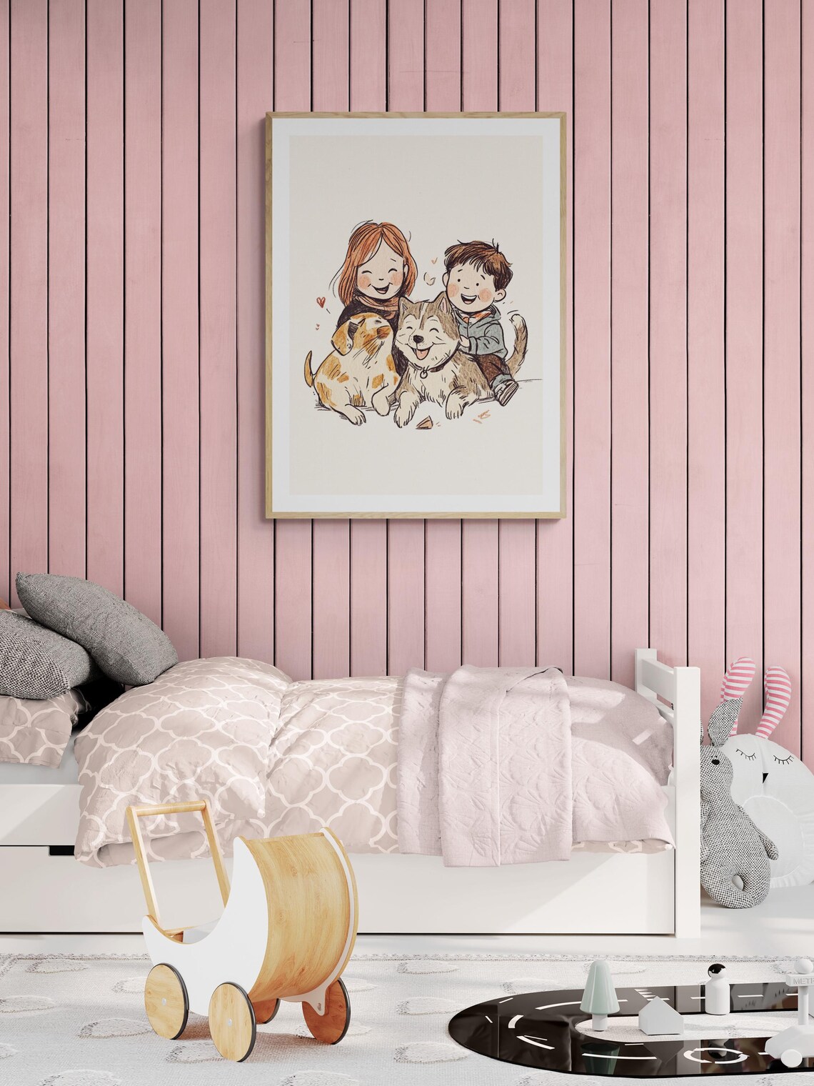 Happy Kids With Dogs Girl Boy Best Friends Cute Nursery Wall Art Poster - Image 3
