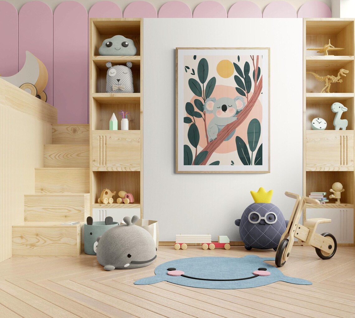 Sleepy Koala In Tree Warm Sunset Eucalyptus Cute Nursery Wall Art Poster - Image 4