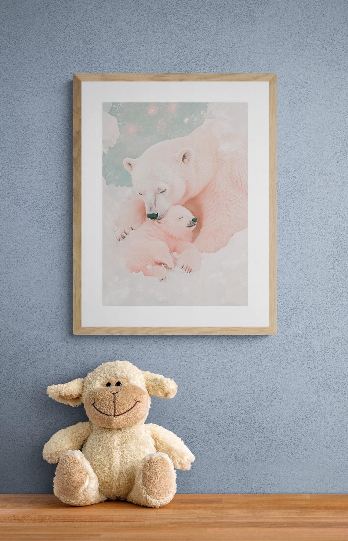 Polar Bear Mother And Baby Cozy Arctic Blush Nursery Wall Art Poster - Image 2