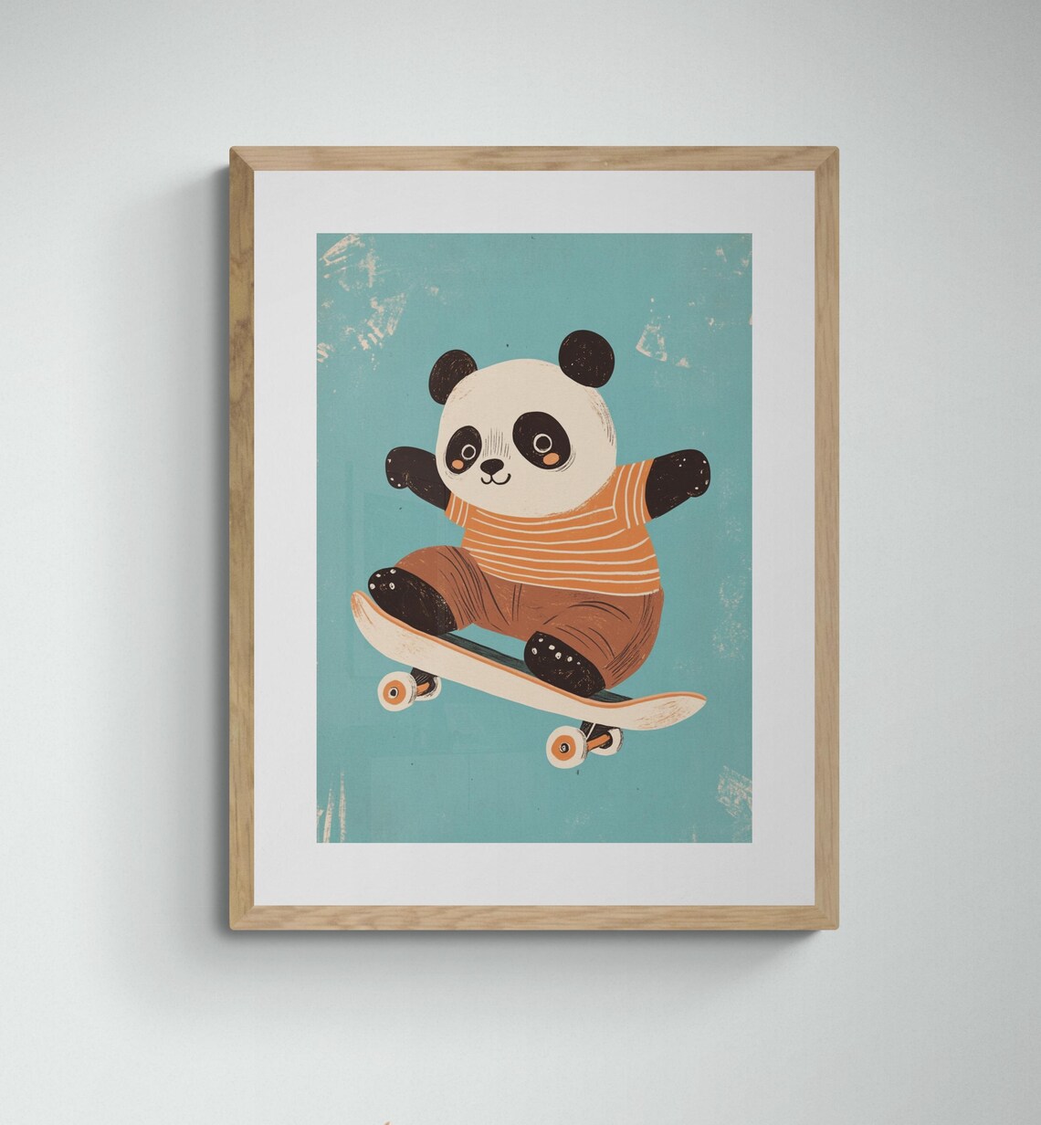 Skateboarding Panda Retro Teal Kids Room Playful Animal Wall Art Poster