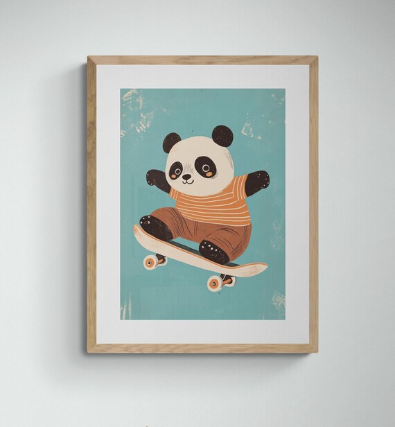 Skateboarding Panda Retro Teal Kids Room Playful Animal Wall Art Poster