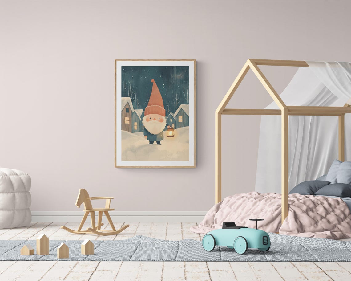 Viking Gnome Tomte With Lantern Snowy Nordic Village Night Wall Art - Image 4