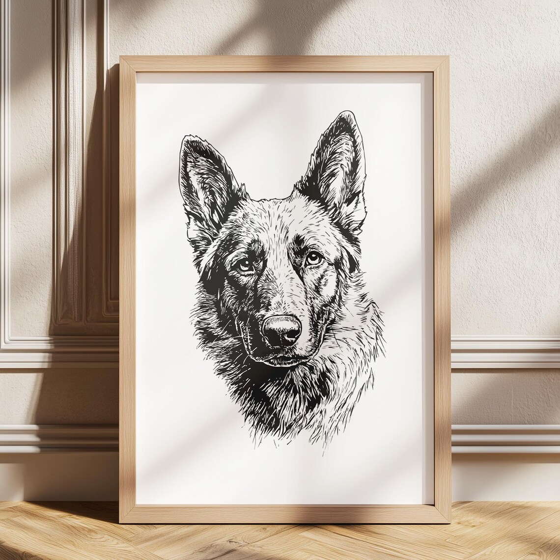German Shepherd Dog Head Portrait Detailed Pencil Sketch Poster