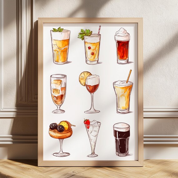 Classic Cocktail Illustrations Bar Cart Retro Drink Recipe Poster