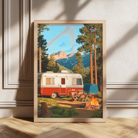 Retro Red and White Camper Trailer Mountain Campfire Poster Art