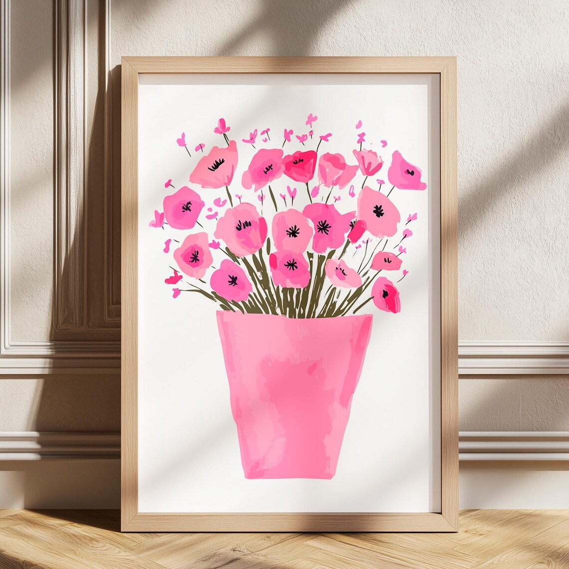 Pink Flowers Watercolor Bouquet Print With Poppies In Pink Vase