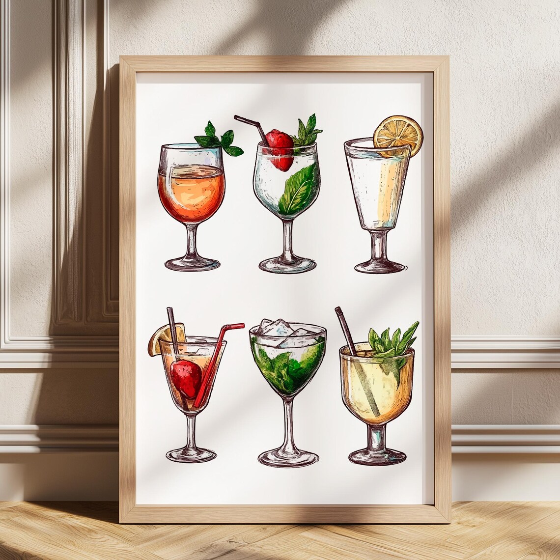 Six Classic Cocktails Watercolor Art Poster for Home Bar and Kitchen