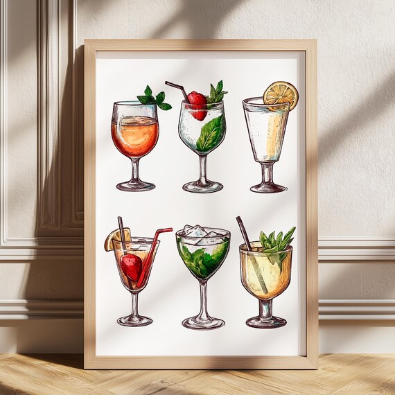 Six Classic Cocktails Watercolor Art Poster for Home Bar and Kitchen