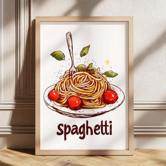 Playful Spaghetti Illustration With Fresh Basil Kitchen Poster