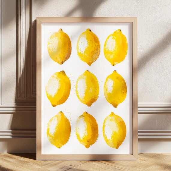 Nine Watercolor Lemons Grid Retro Farmhouse Kitchen Fruit Poster