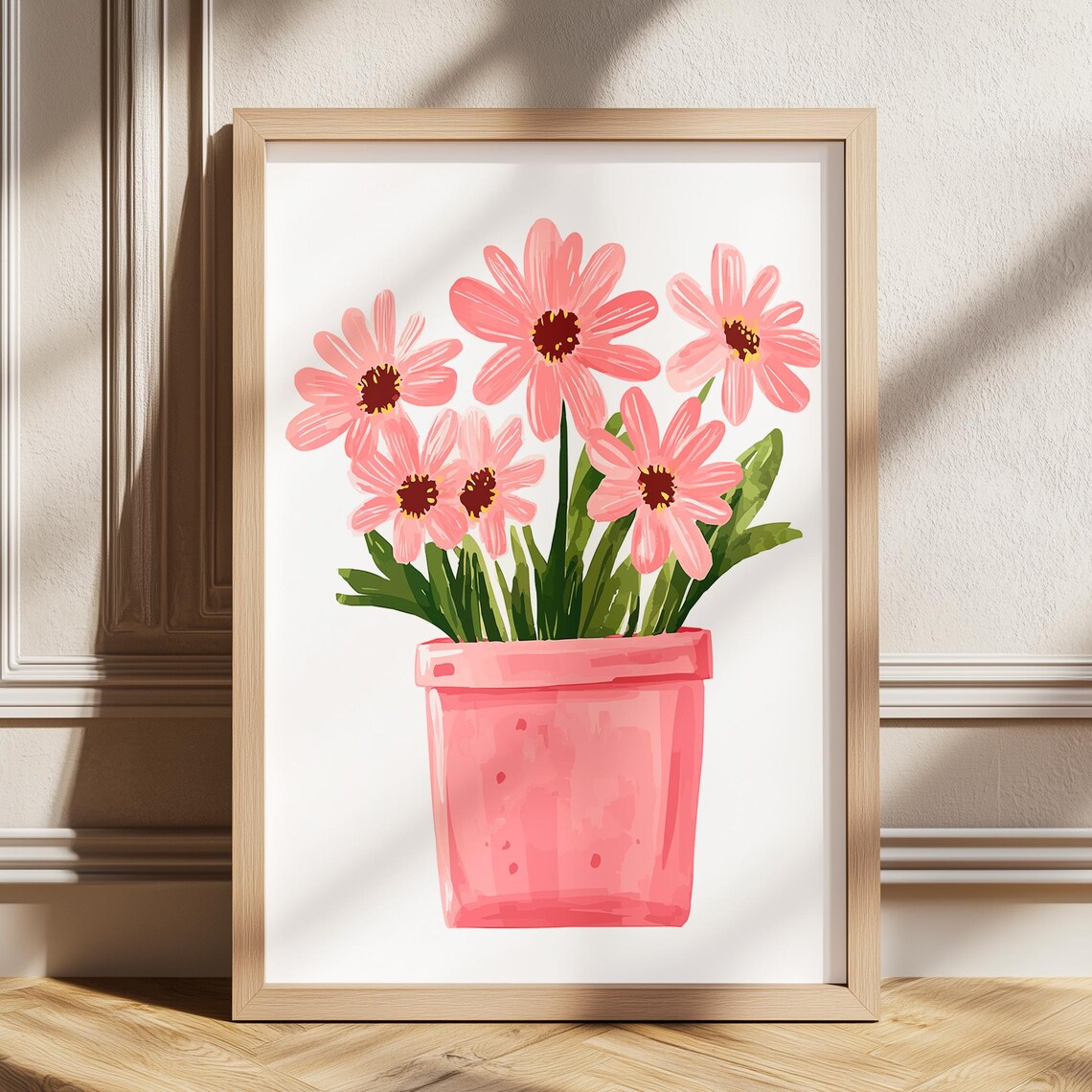 Pink Daisies in a Pink Pot Cheerful Floral Watercolor Poster