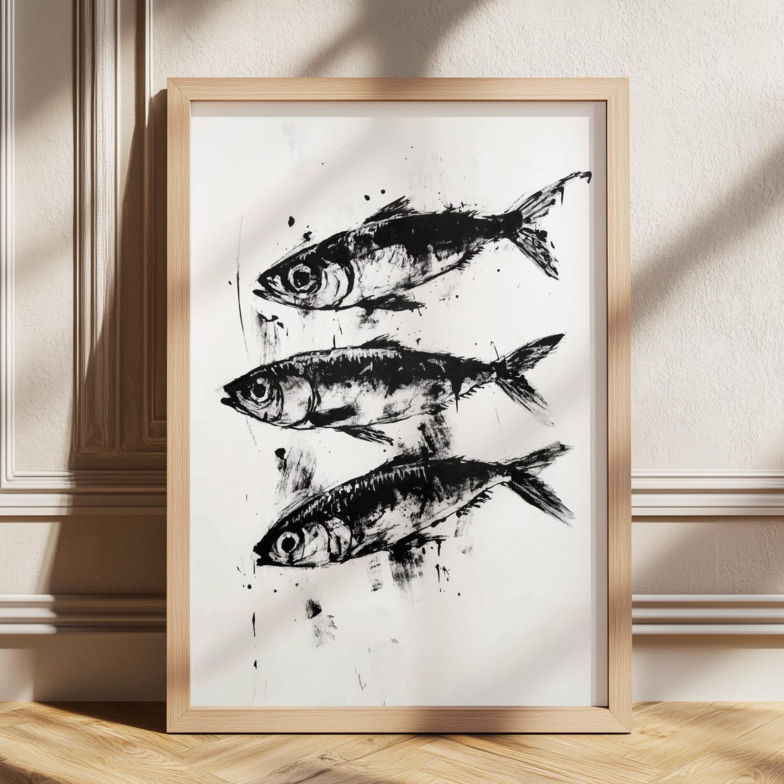 Three Sardines Ink Painting Black and White Seafood Kitchen Poster