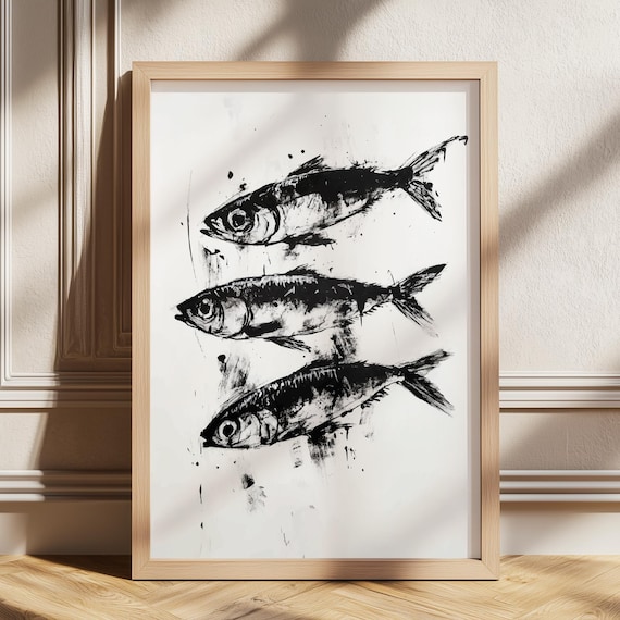 Sardine Painting Antique Still Life Fish Art Vintage Sea Print Wall Decor For Restaurant Nautical Coastal Home