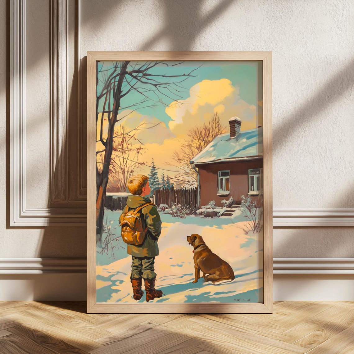 Boy With Backpack and Dog in a Snowy Yard Vintage Winter Poster