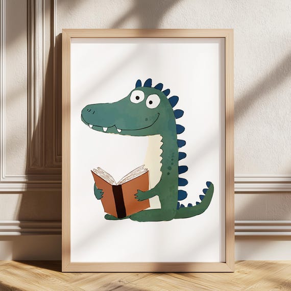 Crocodile Nursery Print Green Animal Wall Art Kids Room Decor Cute Alligator Prints Read Book