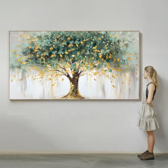 Hand Painted Abstract Oil Painting Green Money Tree With Gold Accents Modern Minimalist Luxury Wall Art For Living Room Entryway