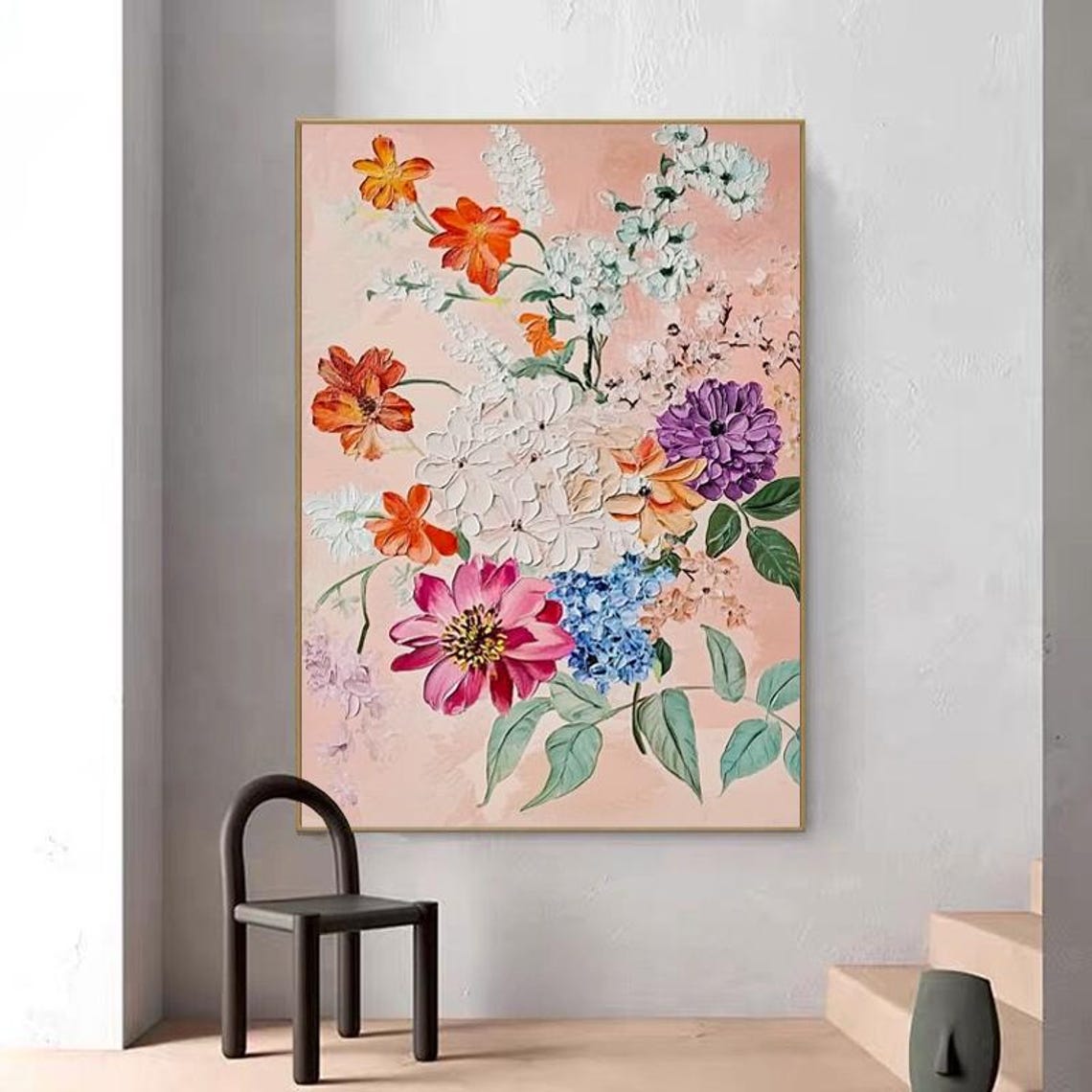 Soft Pastel Floral Bouquet Blooming on Blush Pink Vertical Wall Art - Image 6