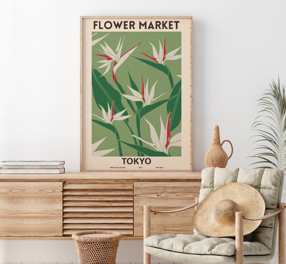 Tokyo Flower Market Bird of Paradise Botanical Vintage Poster