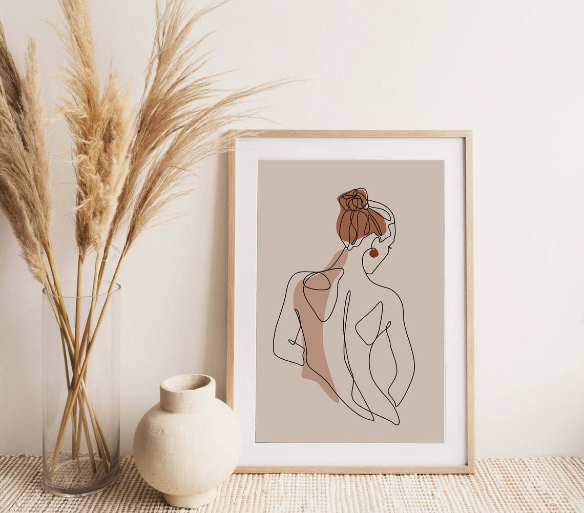 Woman with Hair Bun Terracotta Minimalist Back Line Art Poster