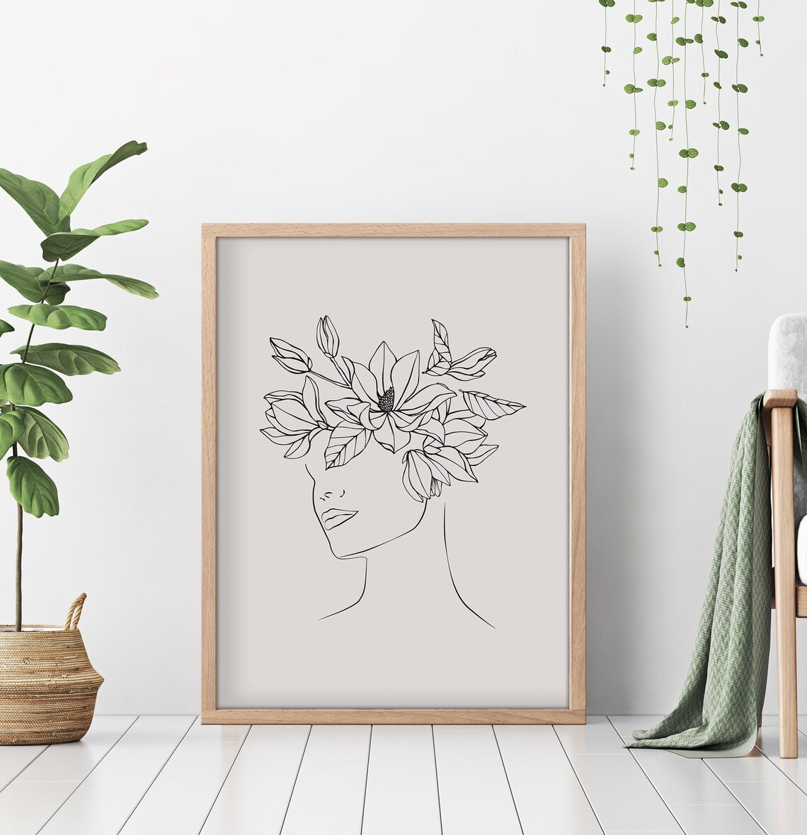 Magnolia Flower Crown Woman Profile Line Art Deco Style Poster