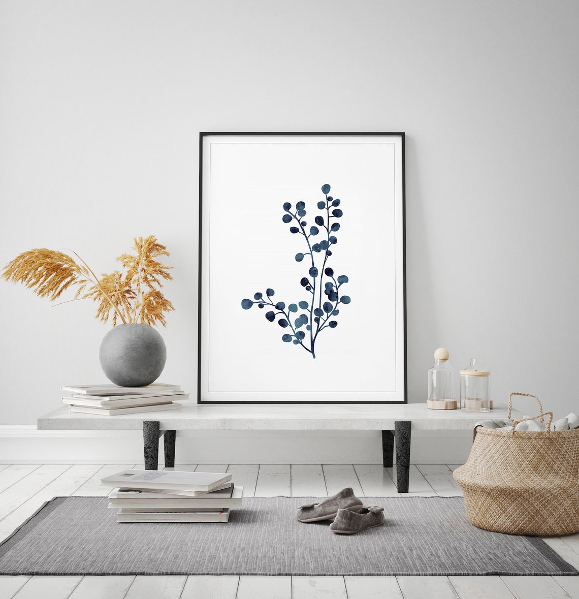 Navy Blue Watercolor Eucalyptus Branch Minimalist Botanical Poster