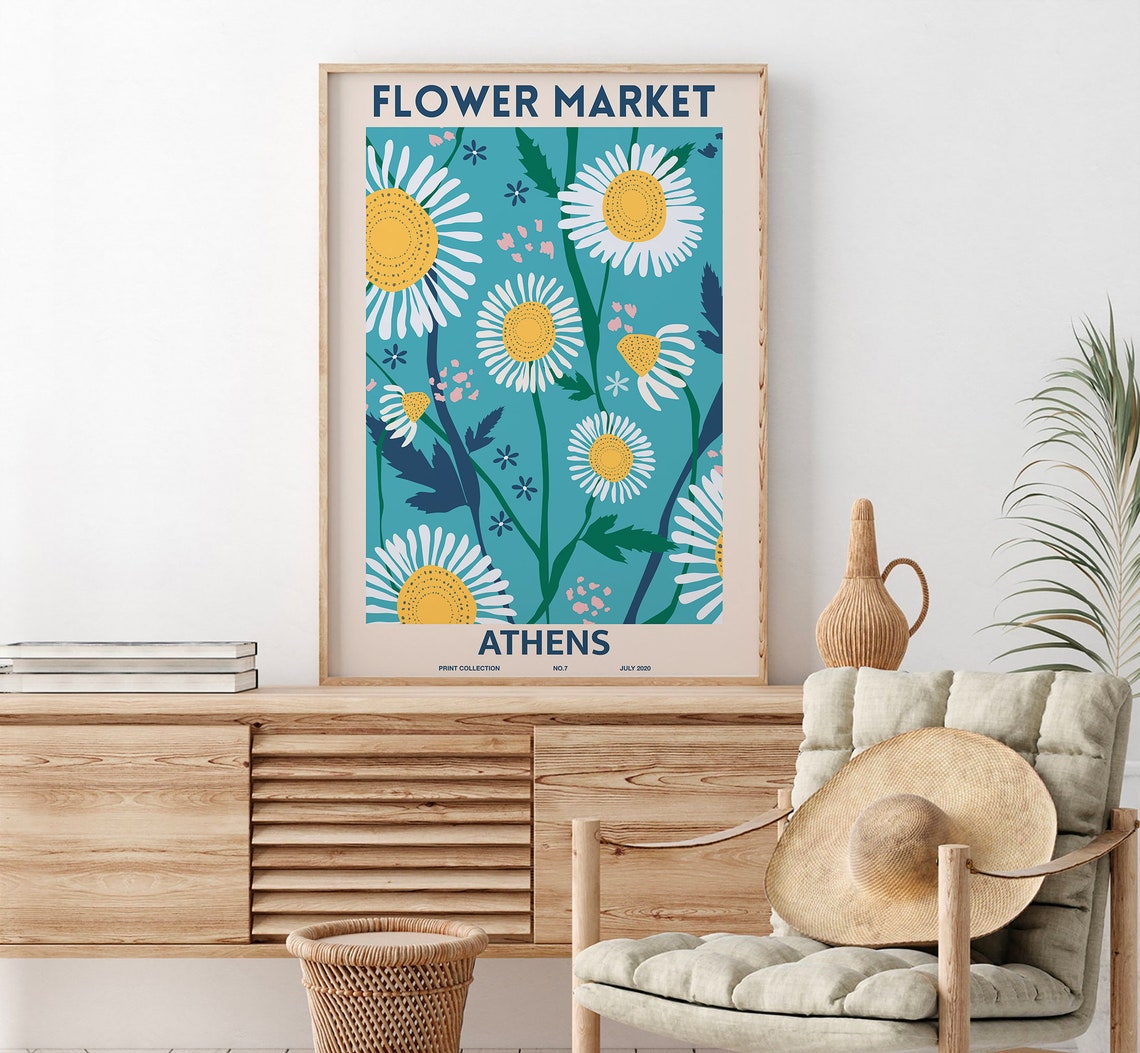 Retro Athens Flower Market White Daisies Teal Botanical Floral Poster