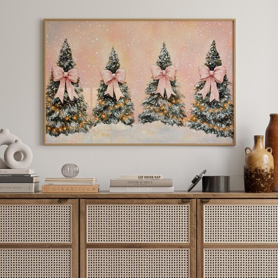 Four Snowy Christmas Trees With Pink Bows And Golden Lights Blush Holiday Poster