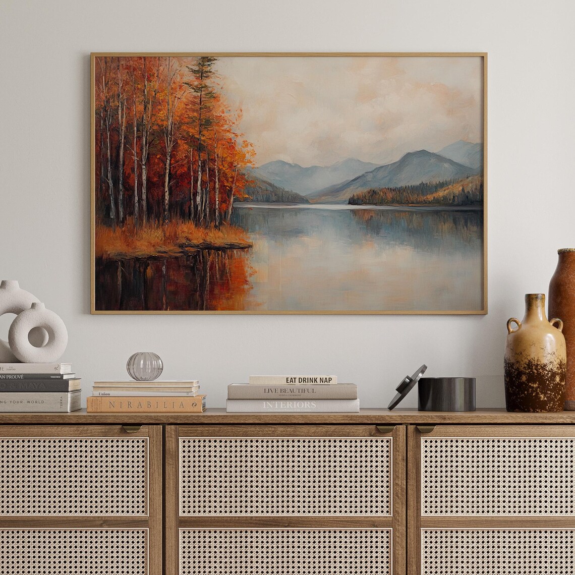 Autumn Forest Lake Mountain Reflection Orange Birch Trees Fall Scene Poster