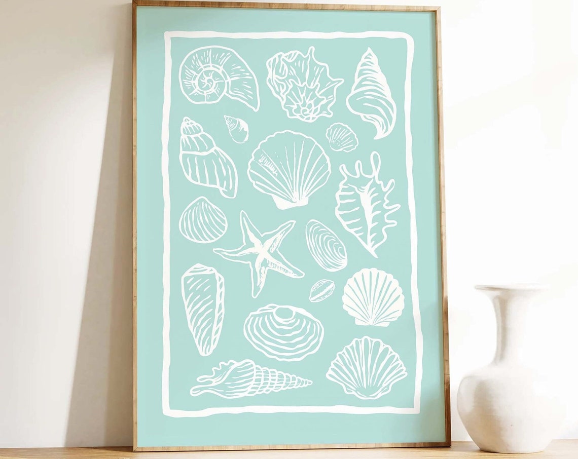 Mint Seashell Collage White Line Art Starfish Beach Decor Poster - Image 4