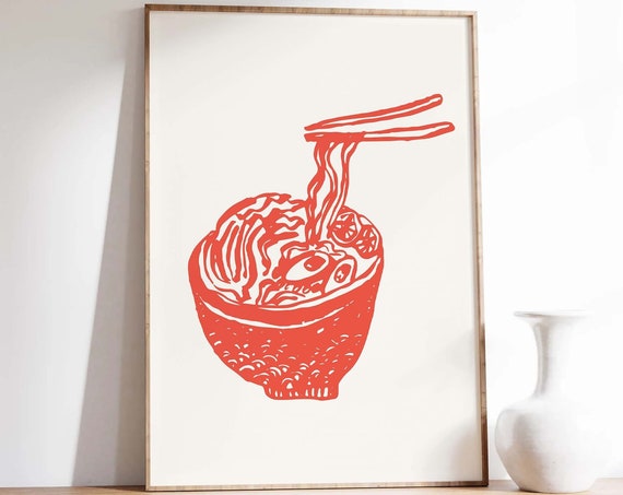 Ramen Sketch Print Art Red Kitchen Decor Retro Asian Noodles Art Poster Cute Trendy Wall Art Foodie Wall Art