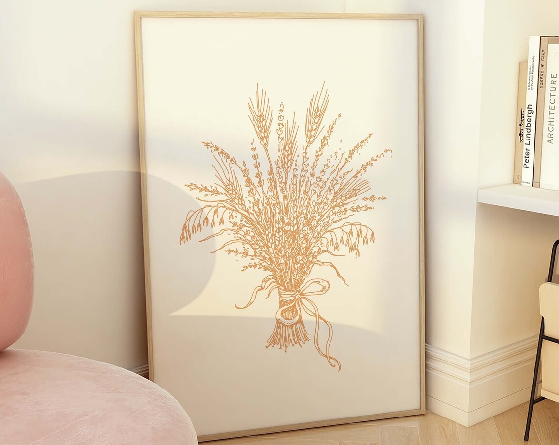 Wheat Sheaf Orange Line Autumn Harvest Botanical Wall Decor Poster