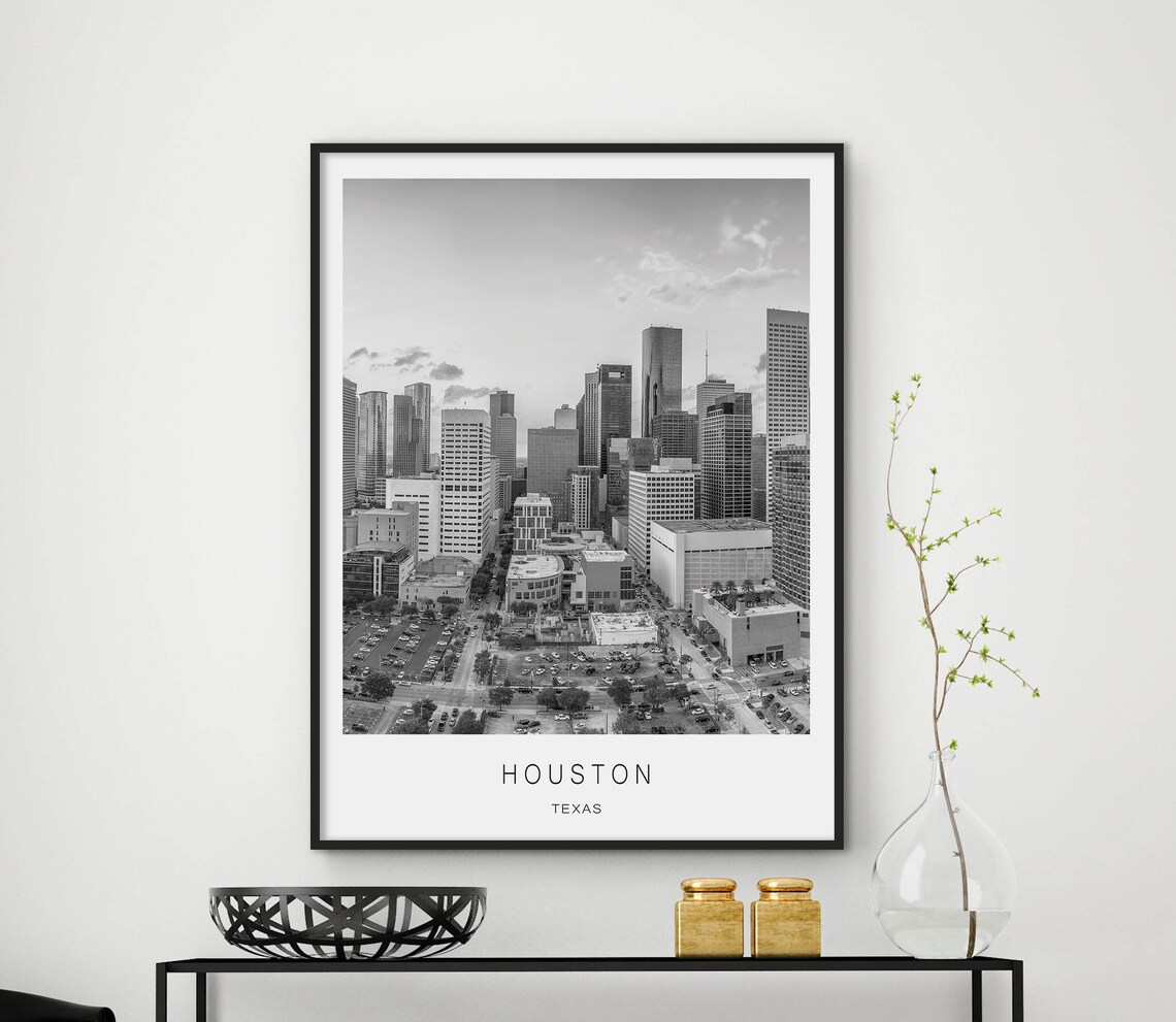 Houston Texas Downtown Skyline Black and White Modern City Poster