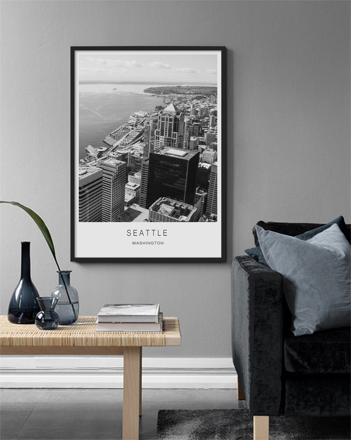 Seattle Washington Downtown Skyline Black White Aerial Travel Poster - Image 2