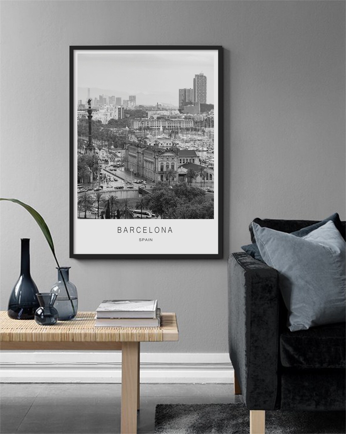 Barcelona Spain Harbor Classic Black and White Photo Travel Poster - Image 3