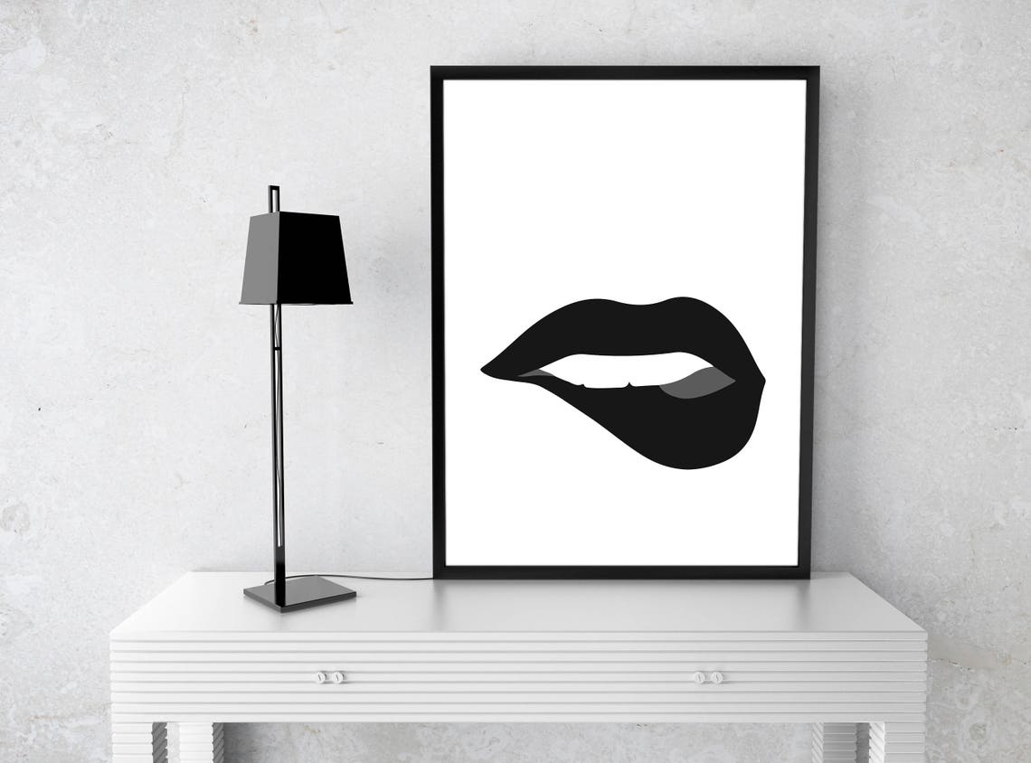 Dramatic Black Bitten Lips Bold Monochrome Pop Art Beauty Poster - Image 3