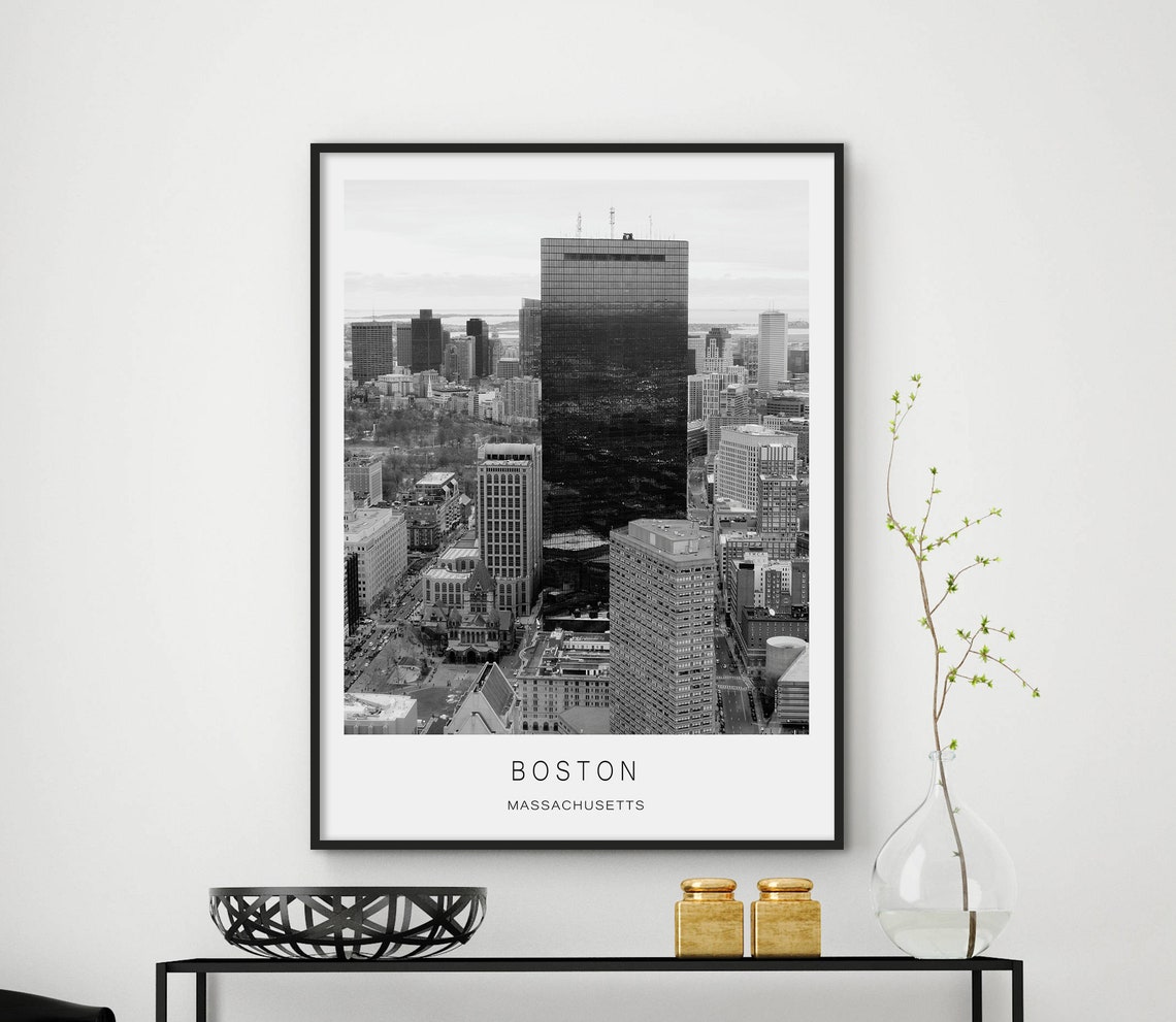Boston Massachusetts Skyline Black White Downtown View Poster