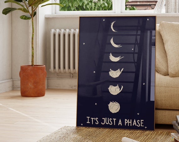 Cat Moon Phase Lunar Wall Art Cat Lover Poster Cute Quote Print Motivational Trendy Apartment Decor Blue 1 Print