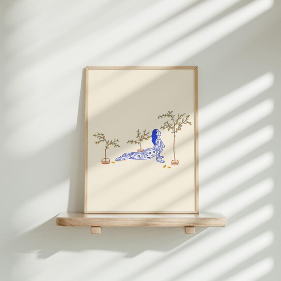 Blue Illustrated Woman Reclining Among Lemon Trees Art Poster
