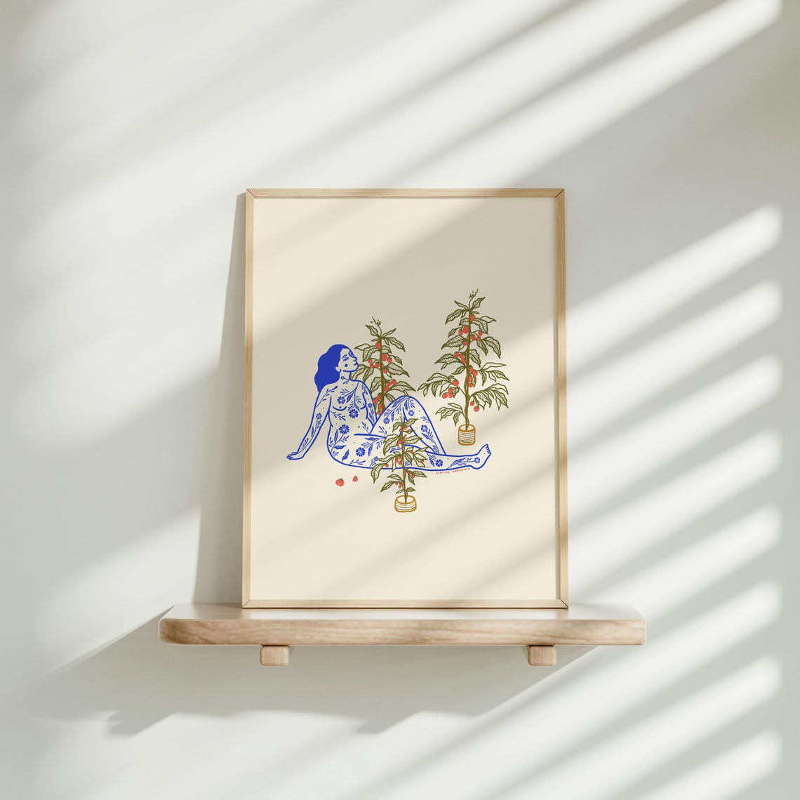 Blue Illustrated Woman Reclining Among Tomato Plants Art Poster