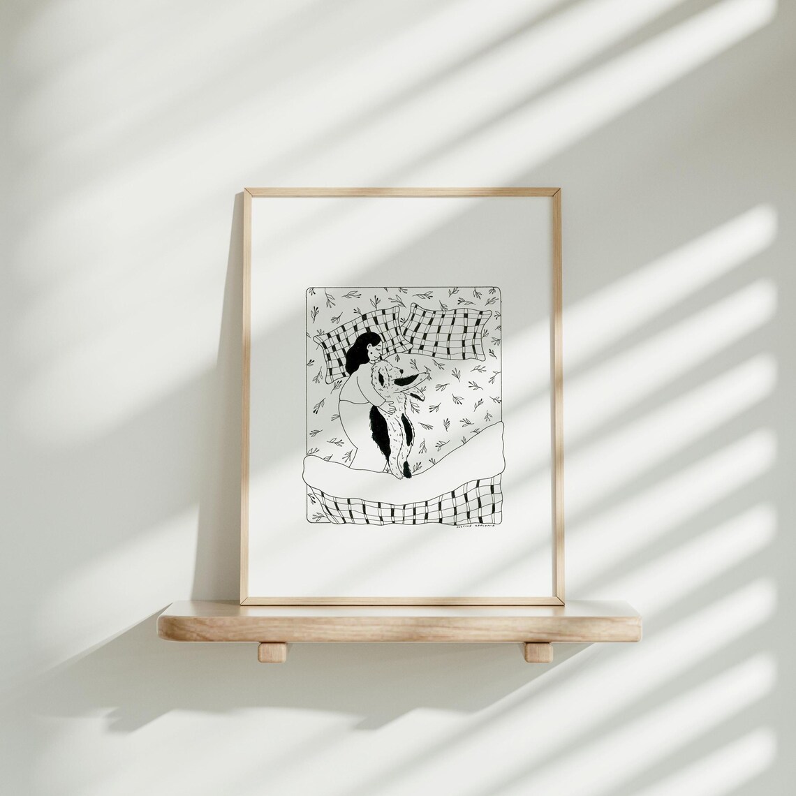 Girl Hugging Her Dog In Bed Black White Line Art Illustration Poster