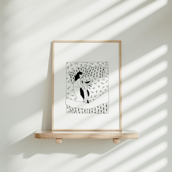 Girl Hugging Her Dog In Bed Black White Line Art Illustration Poster