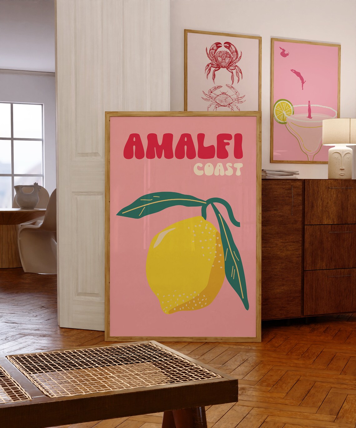 Amalfi Coast Pink Lemon Retro Groovy Italian Summer Travel Poster - Image 3