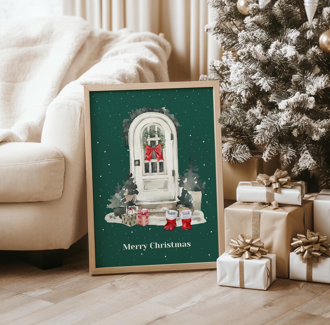 Merry Christmas Green Watercolor Door Wreath Stockings Holiday Poster
