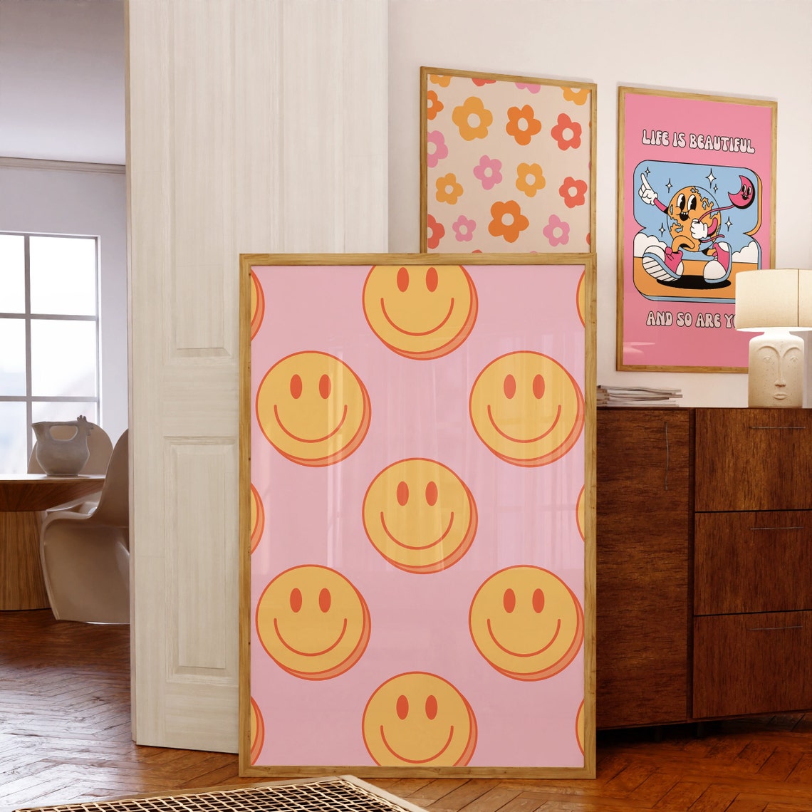 Yellow Smiley Faces Pattern on Pink Retro Dorm Room Aesthetic Poster - Image 2